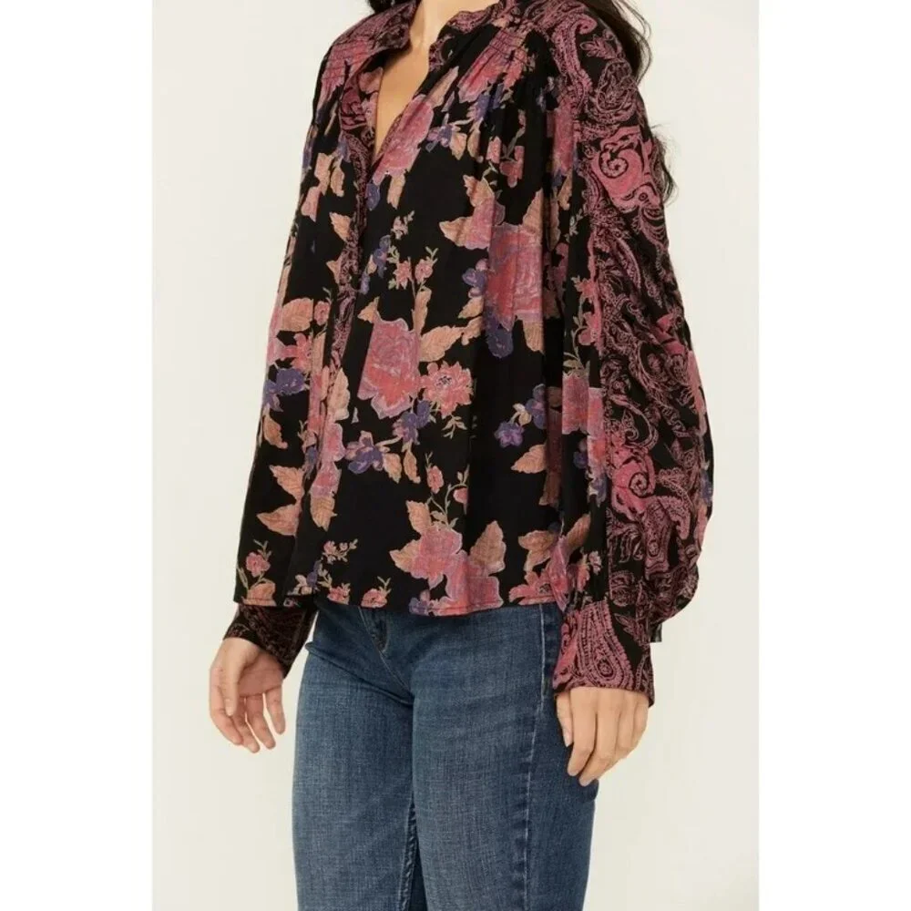 Free People Maraya Button Top in Black Combo XSmall New Womens Blouse